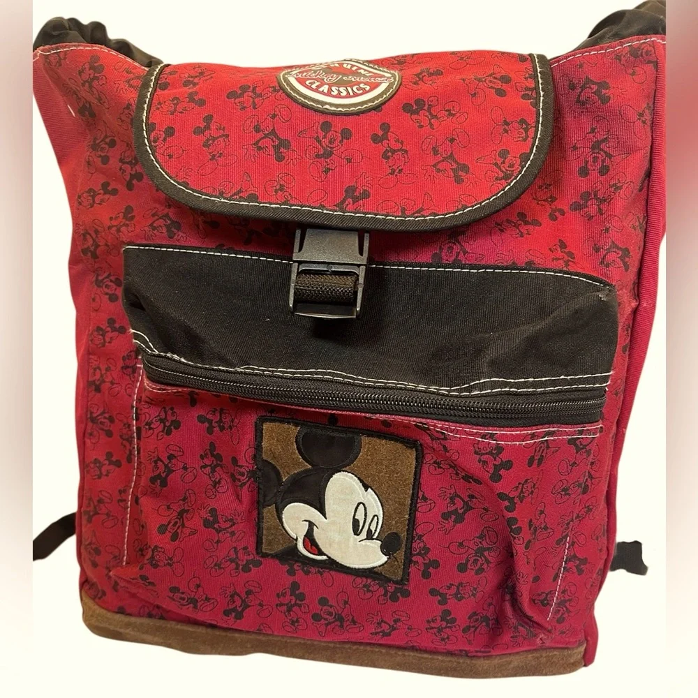 Vintage Rare Red and Black Disney MickeyMouse Drawstring Backpack with 2 Patches